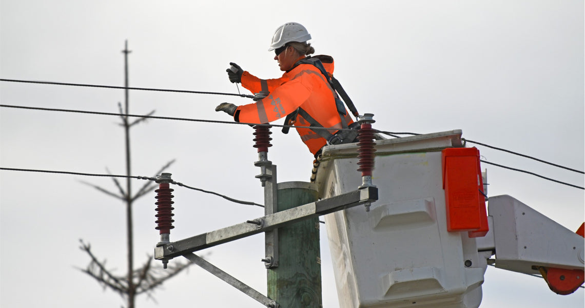 A worker in a high-visibility jacket and helmet stands in an elevated bucket, working on power lines. A crane supports the bucket. A leafless tree is visible in the background.