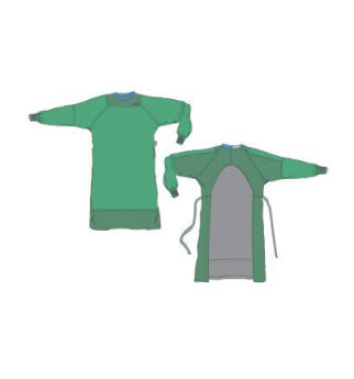 Two green isolation gowns, one front view showing long sleeves and one rear view showing an open back with tie closures.