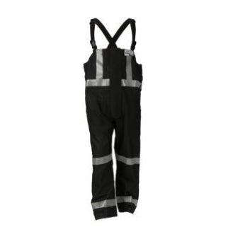 Black overalls with reflective silver stripes on the legs, waist, and across the chest, featuring adjustable shoulder straps.