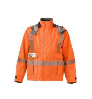 A bright orange high-visibility work jacket with reflective stripes and multiple front pockets, designed for safety in low-light conditions.