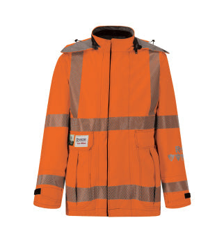 An orange high-visibility safety jacket with reflective silver stripes, front zipper closure, and multiple pockets.