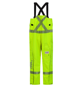 Bright yellow high-visibility work overalls with reflective stripes, black suspenders, and a front pocket.