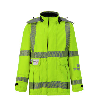 Bright yellow-green high-visibility jacket with reflective stripes, front zipper, adjustable cuffs, and an attached hood.