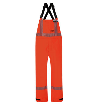 Bright orange safety overalls with reflective strips, adjustable black shoulder straps, and a front pocket.