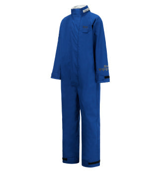 Blue coverall with long sleeves, front zipper, and velcro closures at the neck and ankles.