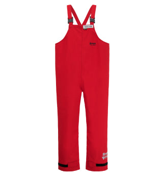 A pair of red waterproof bib pants with black adjustable shoulder straps and black patches at the hem.