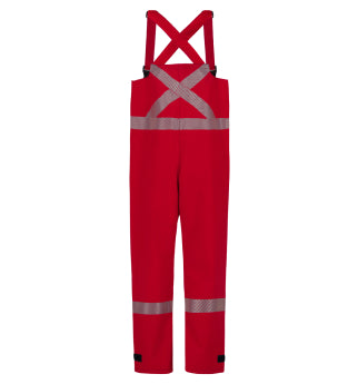 Red bib overalls with reflective silver stripes, featuring cross straps at the back and extending down to the ankles.