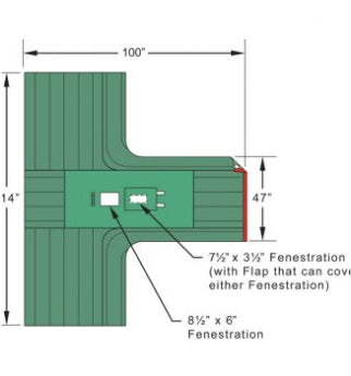 A diagram of a green T-shaped object with detailed measurements. The main portion is 100 inches long and 14 inches wide. It has sections labeled "7 ½” x 3 ½” Fenestration" and "8 ½” x 6” Fenestration.