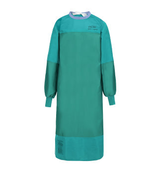 A green long-sleeved protective hospital gown with a blue neckline and elastic cuffs.