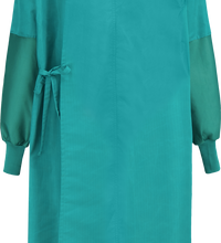 A teal Surgical Gown, Level 3, Tie Closure, 5AB with long sleeves, a rear closure, and a waist tie by Lac-Mac, Limited viewed from the back. This AAMI PB70 Standard garment offers a liquid-resistant barrier.