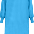 A long-sleeved, blue liquid-resistant gown with elastic cuffs. The Gown, Level 2, 2-Ply, 5DSAA from Lac-Mac, Limited features an overlap back and is sewn from lightweight, breathable fabric. It also has a label indicating it is a Level 2 protective garment.