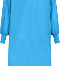 A long-sleeved, blue liquid-resistant gown with elastic cuffs. The Gown, Level 2, 2-Ply, 5DSAA from Lac-Mac, Limited features an overlap back and is sewn from lightweight, breathable fabric. It also has a label indicating it is a Level 2 protective garment.