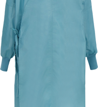 A long-sleeved, blue medical gown with overlap back design is viewed from the back, featuring a tie closure and elastic cuffs. This Lac-Mac, Limited Gown, Level 2, 2-Ply, 5DSAA ensures optimal protection and comfort.