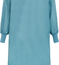 A blue, long-sleeved Lac-Mac, Limited Gown, Level 2, 2-Ply, 5DSAA with elastic cuffs and an overlap back for enhanced protection.