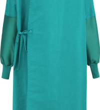 A green Lac-Mac, Limited Surgical Gown, Level 3, Tie Closure, Knit Neckband, 5XFAE with long sleeves and a waist tie, photographed from the back. Designed to be liquid resistant, this gown meets AAMI PB70 standards for maximum protection.