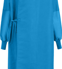 A blue, long-sleeved Lac-Mac, Limited Surgical Gown, Level 4, Grippers at Neck, Tie at Waist, Knit Neckband, 5XFAH viewed from the back, with a tie closure at the waist and a label near the neckline, crafted from liquid-proof barrier fabric meeting AAMI PB70 Standard regulations.