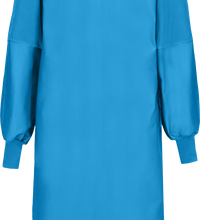 A Lac-Mac, Limited Surgical Gown, Level 4, Grippers at Neck, Tie at Waist, Knit Neckband, 5XFAH made from liquid-proof barrier fabric, designed with cuffed sleeves and a white collar, featuring labeling on the upper chest and lower hem. It meets the AAMI PB70 Standard for optimal protection.