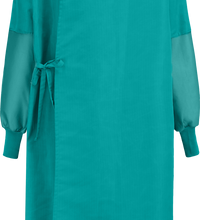 A full-length, teal green Lac-Mac, Limited Surgical Gown, Level 4, Grippers at Neck, Tie at Waist, Knit Neckband, 5XFAH made from liquid-proof barrier fabric with long sleeves and a tied waist, viewed from the back.