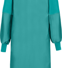 A teal-colored long-sleeve Lac-Mac, Limited Surgical Gown, Level 4, Grippers at Neck, Tie at Waist, Knit Neckband, 5XFAH with a closed back and cuffs at the wrists. Made from liquid-proof barrier fabric, it meets AAMI PB70 Standard and is labeled as a Level 4 protective garment.