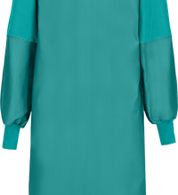 A teal medical gown with long sleeves and a blue neck trim, featuring a front body shield and elastic cuffs. This liquid-proof garment is labeled as a "Surgical Gown, Level 4, Tie Closure, Knit Neckband, 5XF" from Lac-Mac, Limited.