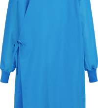 Back view of a Lac-Mac, Limited Surgical Gown, Level 4, Full Barrier to Hem, Tie Closure, Knit Neckband, 5XH with long sleeves and tie closure on the side, featuring a liquid-proof barrier that meets the AAMI PB70 Standard.