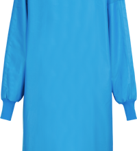 A blue long-sleeved, knee-length surgical gown with elastic cuffs and a V-neck collar, displayed against a white background. "Lac-Mac, Limited Surgical Gown, Level 4, Full Barrier to Hem, Tie Closure, Knit Neckband, 5XH" is printed on the upper chest area. This liquid-proof barrier meets the AAMI PB70 Standard for enhanced protection.