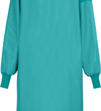 A teal-colored, long-sleeved surgical gown with elastic cuffs and a V-neck collar, labeled "Surgical Gown, Level 4, Full Barrier to Hem, Tie Closure, Knit Neckband, 5XH" by Lac-Mac, Limited, designed with a liquid-proof barrier and compliant with the AAMI PB70 Standard.