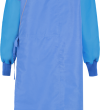 A blue Lac-Mac, Limited Surgical Gown, Level 4, Full Barrier Front to Hem, 5XXBB with long sleeves and elastic cuffs, designed to be liquid-proof for maximum protection.