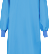 A blue and purple Surgical Gown, Level 4, Full Barrier Front to Hem, 5XXBB with long sleeves, elastic cuffs, and liquid-proof Level 4 protection by Lac-Mac, Limited.