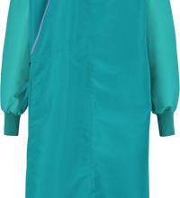 A teal **Surgical Gown, Level 4, Tie Closure, 5XX** with long sleeves, a round neck, and a tie at the back, designed from liquid-proof barrier fabric to meet AAMI PB70 Standard by **Lac-Mac, Limited**.