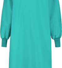 Image of a teal-colored, long-sleeved Lac-Mac, Limited Surgical Gown, Level 4, Full Barrier Front to Hem, 5XXBB with elastic cuffs and a high neck, designed to be liquid-proof.