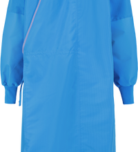 A blue Surgical Gown, Level 4, Tie Closure, 5XX from Lac-Mac, Limited with long sleeves and a closed back, crafted from liquid-proof barrier fabric, designed for protective use in healthcare settings and meets the AAMI PB70 Standard.