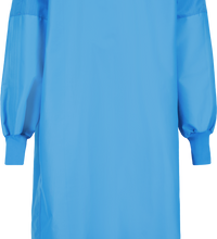 A blue, long-sleeved Surgical Gown, Level 4, Tie Closure, 5XX crafted for protective wear in healthcare settings by Lac-Mac, Limited. Complying with the AAMI PB70 Standard, this gown is fully covering, elasticized at the wrists, and made from liquid-proof barrier fabric to enhance infection control.