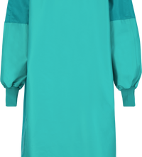 A teal-colored, long-sleeved Surgical Gown, Level 4, Tie Closure, 5XX with reinforced areas and elastic cuffs, crafted from liquid-proof barrier fabric and designed for protective use in healthcare settings. Adhering to the AAMI PB70 Standard, it ensures reliable defense against fluid penetration.