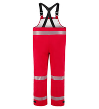 Red Chemical Splash Protective Overall with US Reflective Markings, for non-flammable liquid chemical hazards, 706A-BH from Lac-Mac, Limited with black suspenders and horizontal reflective stripes on the legs, designed for safety and high visibility, meeting NFPA 1990 Certified standards.