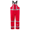 A pair of bright red Lac-Mac, Limited Chemical Splash Protective Overalls with US Reflective Markings, for non-flammable liquid chemical hazards, 706A-BH, featuring adjustable black shoulder straps, reflective stripes around the chest, waist, and lower legs, and made with GORE-TEX® for exceptional durability.