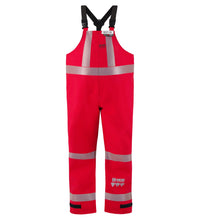 A pair of bright red Lac-Mac, Limited Chemical Splash Protective Overalls with US Reflective Markings, for non-flammable liquid chemical hazards, 706A-BH, featuring adjustable black shoulder straps, reflective stripes around the chest, waist, and lower legs, and made with GORE-TEX® for exceptional durability.