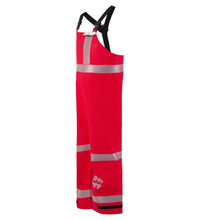 Lac-Mac, Limited Chemical Splash Protective Overall with US Reflective Markings, for non-flammable liquid chemical hazards, 706A-BH, bright red waterproof overalls with black shoulder straps and reflective stripes, made from GORE-TEX® material and NFPA 1990 Certified for chemical splash protection.