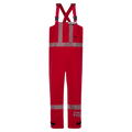 Red waterproof Chemical Splash Protective Overall (706A-BJ) with gray reflective stripes, shoulder straps, and the Lac-Mac, Limited brand logo near the bottom. Made from GORE-TEX® Chemical Splash Fabric, it ensures superior protection and is NFPA 1990 certified for added safety.