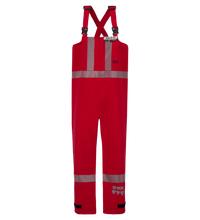 Red waterproof Chemical Splash Protective Overall (706A-BJ) with gray reflective stripes, shoulder straps, and the Lac-Mac, Limited brand logo near the bottom. Made from GORE-TEX® Chemical Splash Fabric, it ensures superior protection and is NFPA 1990 certified for added safety.