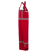 Red high-visibility safety overalls with reflective stripes and adjustable shoulder straps, made from GORE-TEX® Chemical Splash Fabric and hanging on a white background. The product is the Chemical Splash Protective Overall, for non-flammable liquid chemical hazards, Canadian Markings, 706A-BJ from Lac-Mac, Limited.