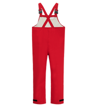 Red waterproof Chemical Splash Protective Overall, for non-flammable liquid chemical hazards, 706A by Lac-Mac, Limited with black buckles and adjustable straps, designed as protective overalls against chemical splashes. Shown against a white background.