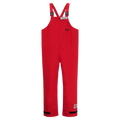 Bright red children's Chemical Splash Protective Overall, for non-flammable liquid chemical hazards, 706A by Lac-Mac, Limited with adjustable black shoulder straps and Velcro fastenings on the ankles offer superior protection.