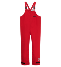 Bright red children's Chemical Splash Protective Overall, for non-flammable liquid chemical hazards, 706A by Lac-Mac, Limited with adjustable black shoulder straps and Velcro fastenings on the ankles offer superior protection.