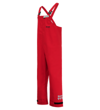 A pair of red waterproof Lac-Mac, Limited Chemical Splash Protective Overall, for non-flammable liquid chemical hazards, 706A with adjustable shoulder straps, black trim at the ankles, and built-in protection against chemical splashes.