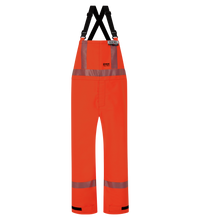 Bright NFPA 1990 Certified High-Visibility Chemical Splash Protective Overall, for non-flammable liquid chemical hazards, Canadian Markings, Regular, 706D-AA by Lac-Mac, Limited in high-visibility orange with reflective strips and texturized GORE-TEX for liquid chemical splash protection, hung on a hanger against a white background.