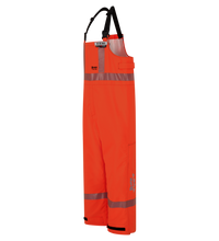 Bright orange, high-visibility waterproof overalls made from texturized GORE-TEX with reflective stripes, adjustable black shoulder straps, side pockets, and a printed safety logo on the lower leg. NFPA 1990 certified for liquid chemical splash protection are now available as the High-Visibility Chemical Splash Protective Overall, for non-flammable liquid chemical hazards, Canadian Markings, Regular, 706D-AA by Lac-Mac, Limited.