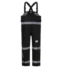 A pair of Overall, Black, FR/ARC Rated, US Markings, Regular, 706F-BL with suspenders and reflective stripes, designed for safety and visibility, from the Lac-Mac, Limited line.