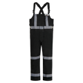 Lac-Mac, Limited 706F-BL black overalls with reflective strips on legs, torso, and shoulders. Adjustable black shoulder straps with buckles for a secure fit. Ideal for safety, the Lac-Mac, Limited 706F-BL is FR ARC-Flash Rated.
