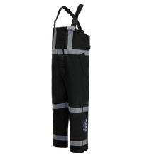 Black bib-overalls with reflective strips, designed for safety and visibility, featuring shoulder straps and a front pocket. Lac-Mac Limited ensures FR ARC-Flash rated protection with their Overall, Black, FR/ARC Rated, US Markings, Regular, 706F-BL.